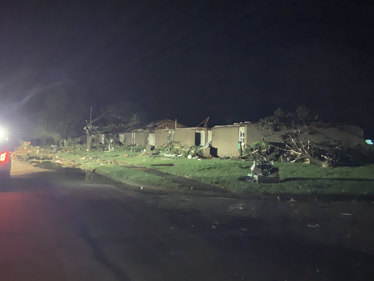 Just got a first look at damage on Bruns Ave in Celina. Virtually an entire neighborhood destroyed. Hard to show all homes in dark, but MANY look like this