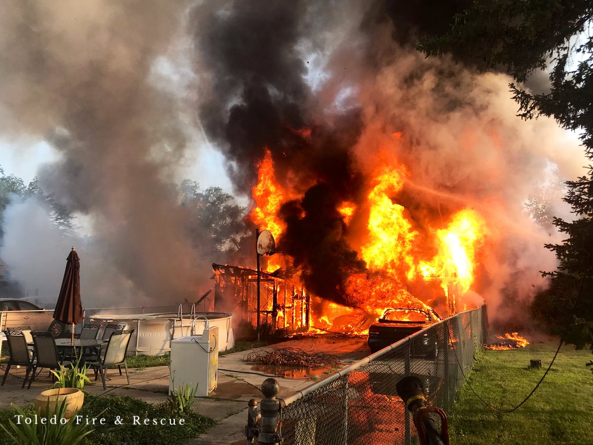 Toledo Fire crews on scene, 600 Blk of E Hudson, large residential garage fire with exposures side bravo and charlie involved. Crews were unable to save the main fire structure but limited damage to adjoining structures. No injuries reported. Fire Investors responding.   