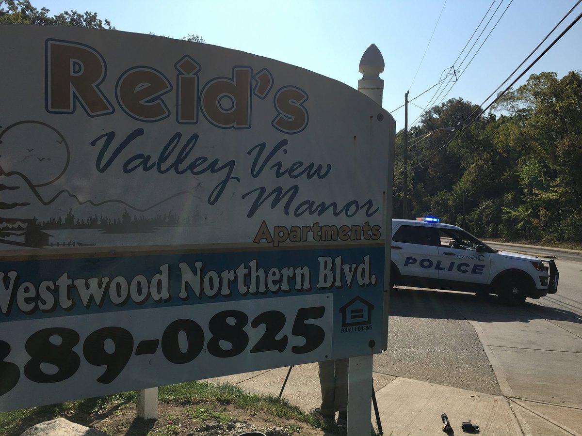 On the scene at Reid's Valley view apartments on Westwood Northern Blvd where three people were shot today and transported to the hospital. Police are searching for a suspect in the shootings who they say is also responsible for a shooting here last night.