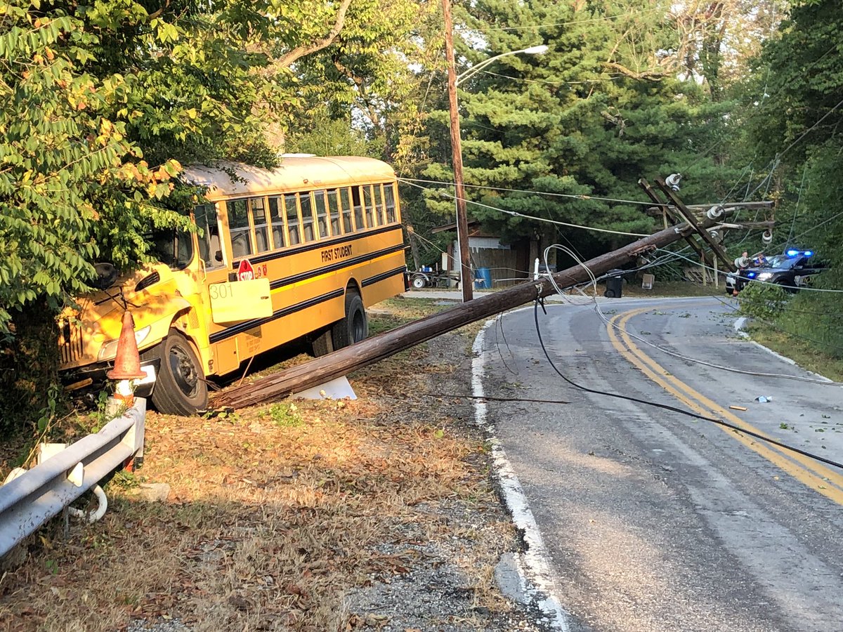 A First Student school bus has crashed into an electric pole on Hillside Ave. Three children and a driver were inside, all have walked away with no injuries. The accident occurred when the driver swerved, after a deer ran into the road. 