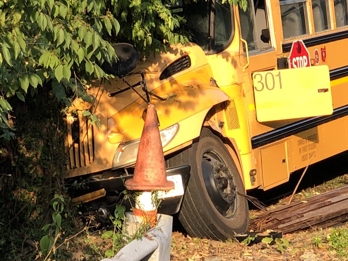 A First Student school bus has crashed into an electric pole on Hillside Ave. Three children and a driver were inside, all have walked away with no injuries. The accident occurred when the driver swerved, after a deer ran into the road. 