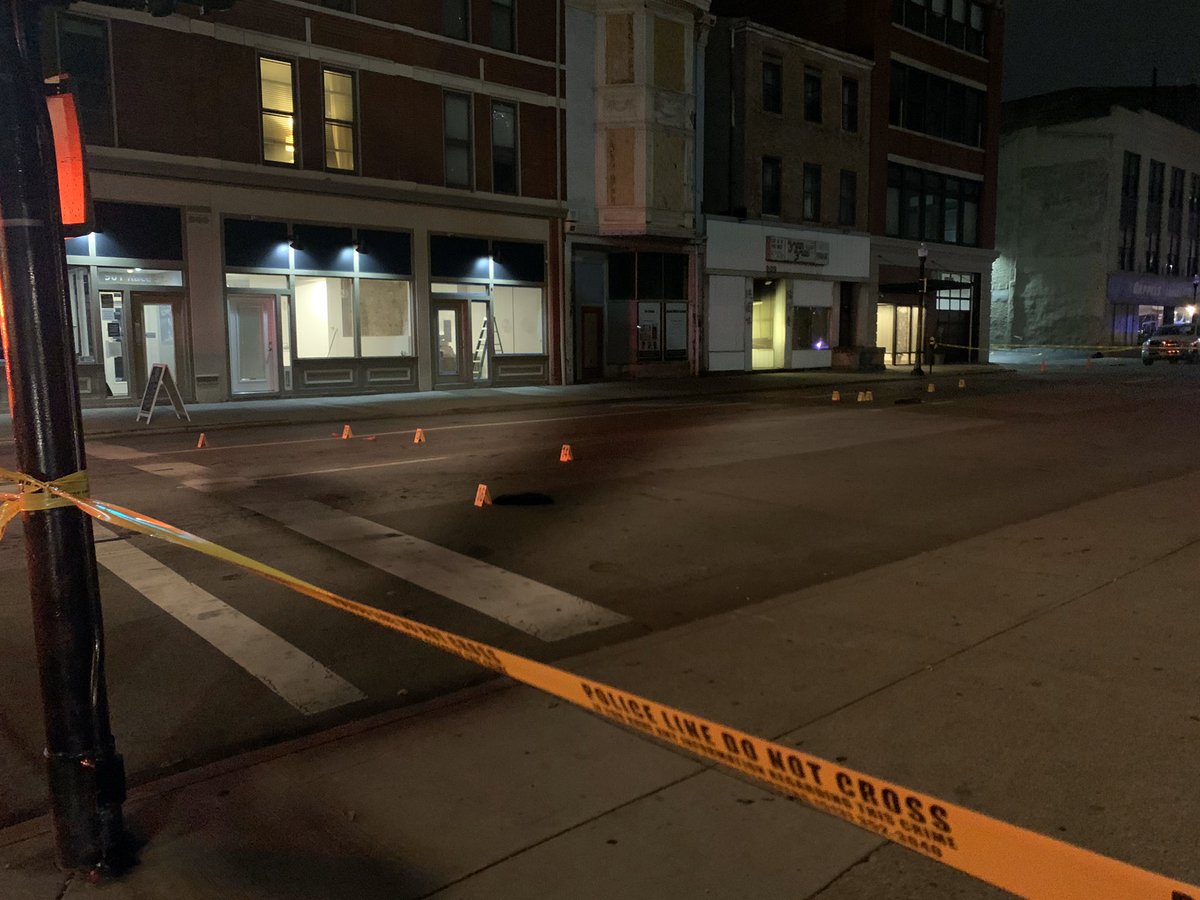 Police still have quite a bit blocked off downtown.  There are about a dozen evidence markers in the middle of the street on 9th and Race. 