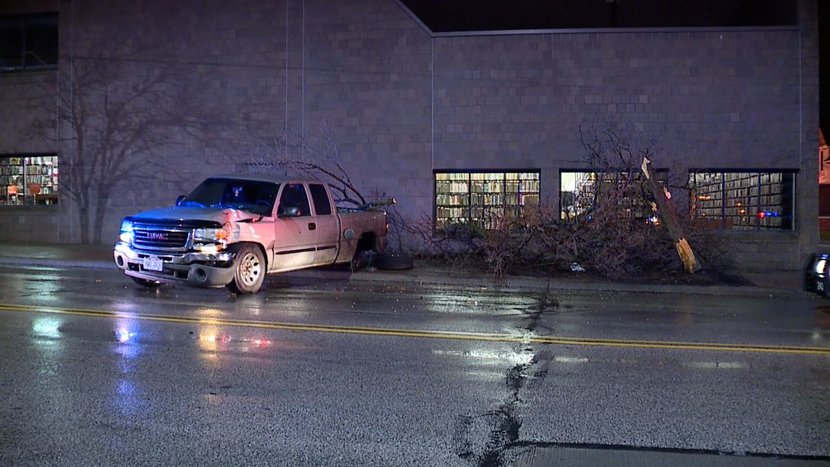 Truck took out a tree and sent it into the South Brooklyn Branch of the Cuyahoga County Library at State and Pearl Road