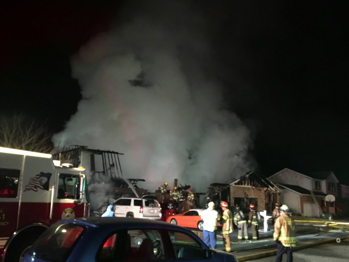 Two houses destroyed, two damaged  in the 6900 block of Torrington Drive in Franklin Township. Fire trucks first arrive with around 1,000 gallons of water