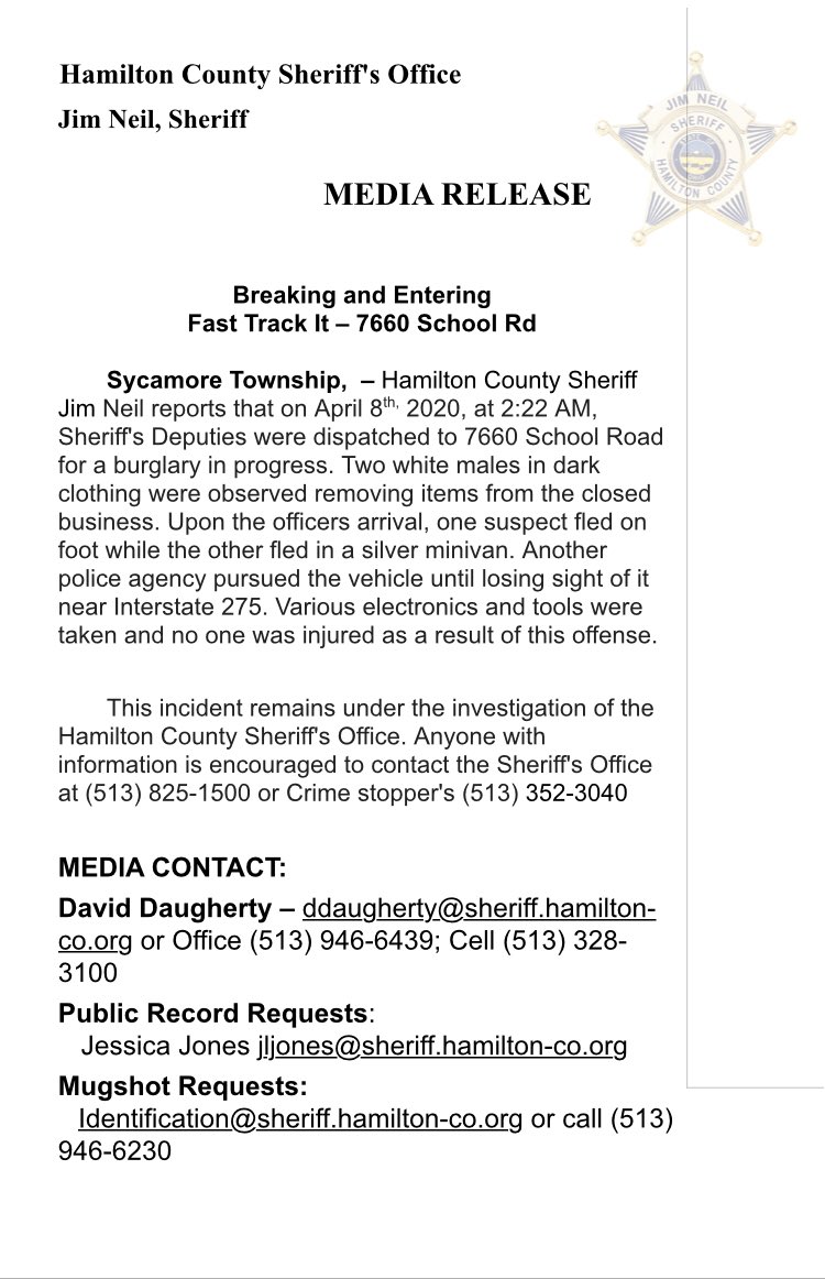 Hamilton Co sheriff's deputies and K9s on scene of business break in this AM. They're searching for 2 men. 1 who ran off, another who left in a silver minivan.
