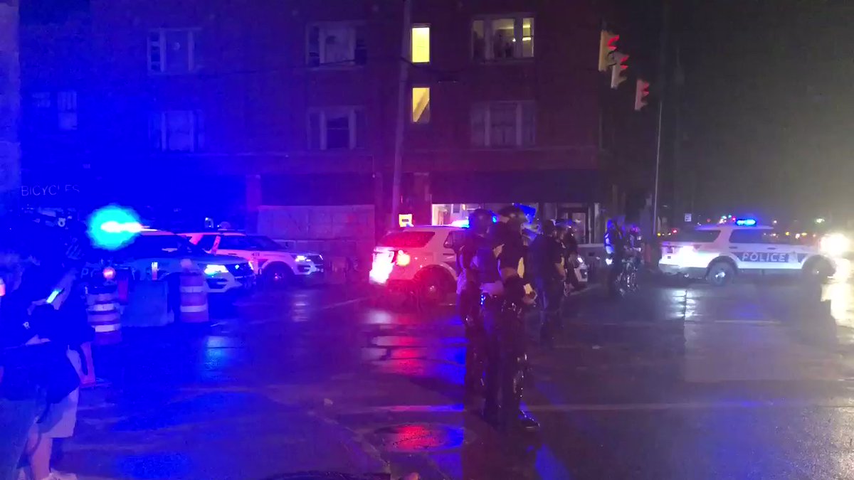 11:28 PM Police making announcements asking people to go home, saying it's past curfew - announcing people will be arrested.   Some shout that they need to go that way to get home. Still at a stand still