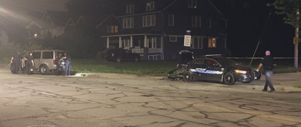 Police involved 2 car MVA E135 and Union. Two officers transported to University Hospital both stable. It appears the other driver is ok but detained. AIU is on route