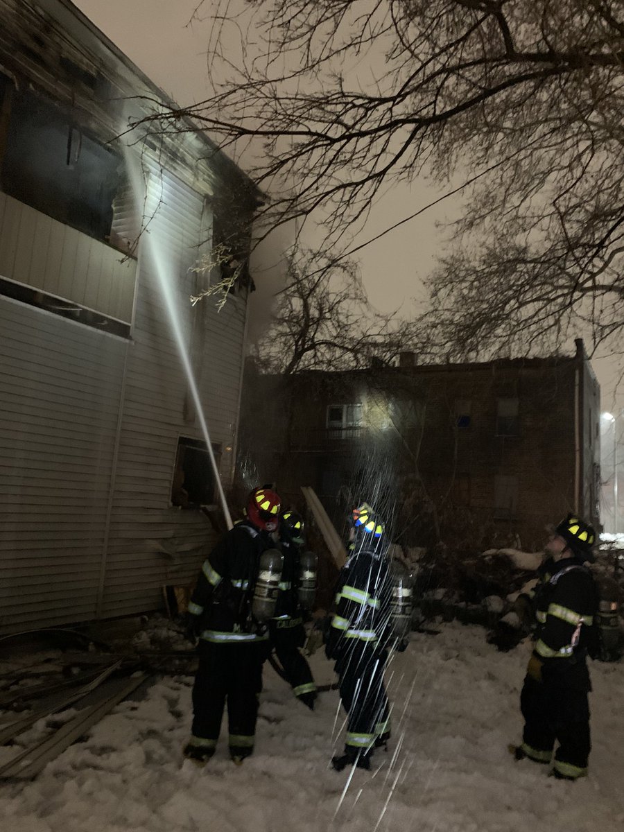 multiple alarm fire at W.43 & Clark in 4th Battalion. Vacant 4-Suite building with multiple exposure buildings. Nearly 50 firefighters on scene. Fire under control. No injuries reported