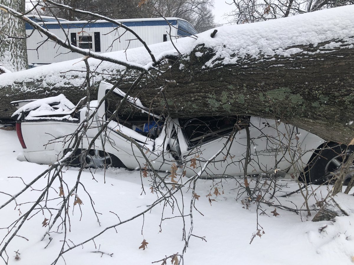 Some of the aftermath caused by this storm. This is at a mobile home in Goshen. A tree fell on top of this mobile home and truck. A neighbor tells everyone made it out safe. Hear from him at noon