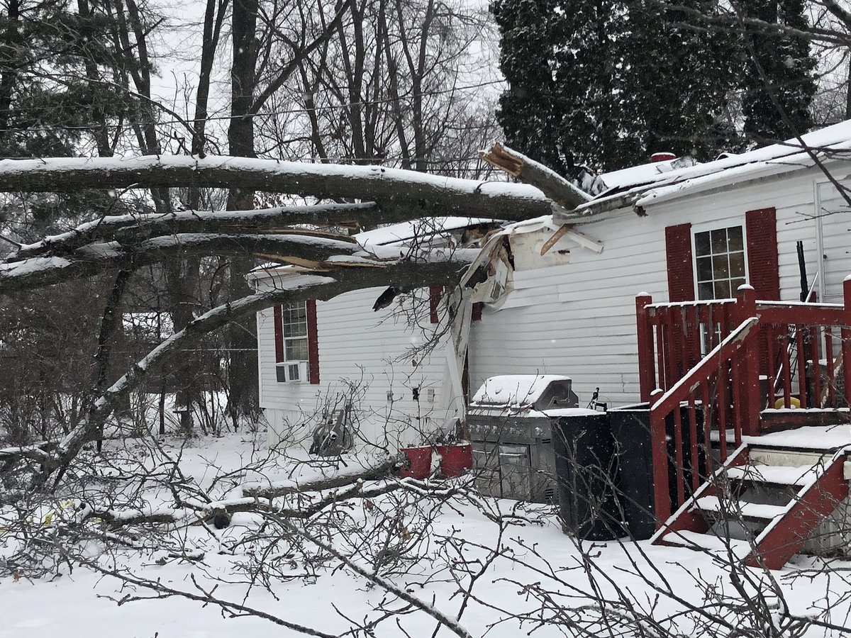 Some of the aftermath caused by this storm. This is at a mobile home in Goshen. A tree fell on top of this mobile home and truck. A neighbor tells everyone made it out safe. Hear from him at noon