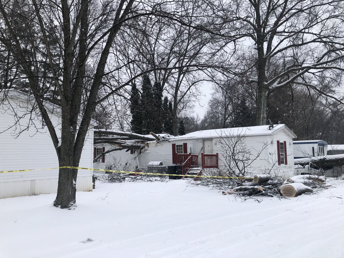 Some of the aftermath caused by this storm. This is at a mobile home in Goshen. A tree fell on top of this mobile home and truck. A neighbor tells everyone made it out safe. Hear from him at noon