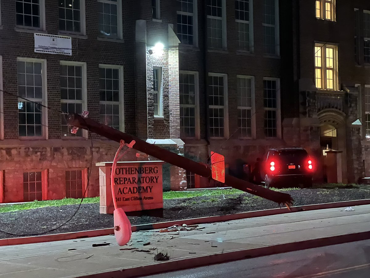 CPD investigating after a car drove through a power pole and into Rothenberg Preparatory Academy on Main St in OTR this morning. An officer told 3 people were seen running from the car.