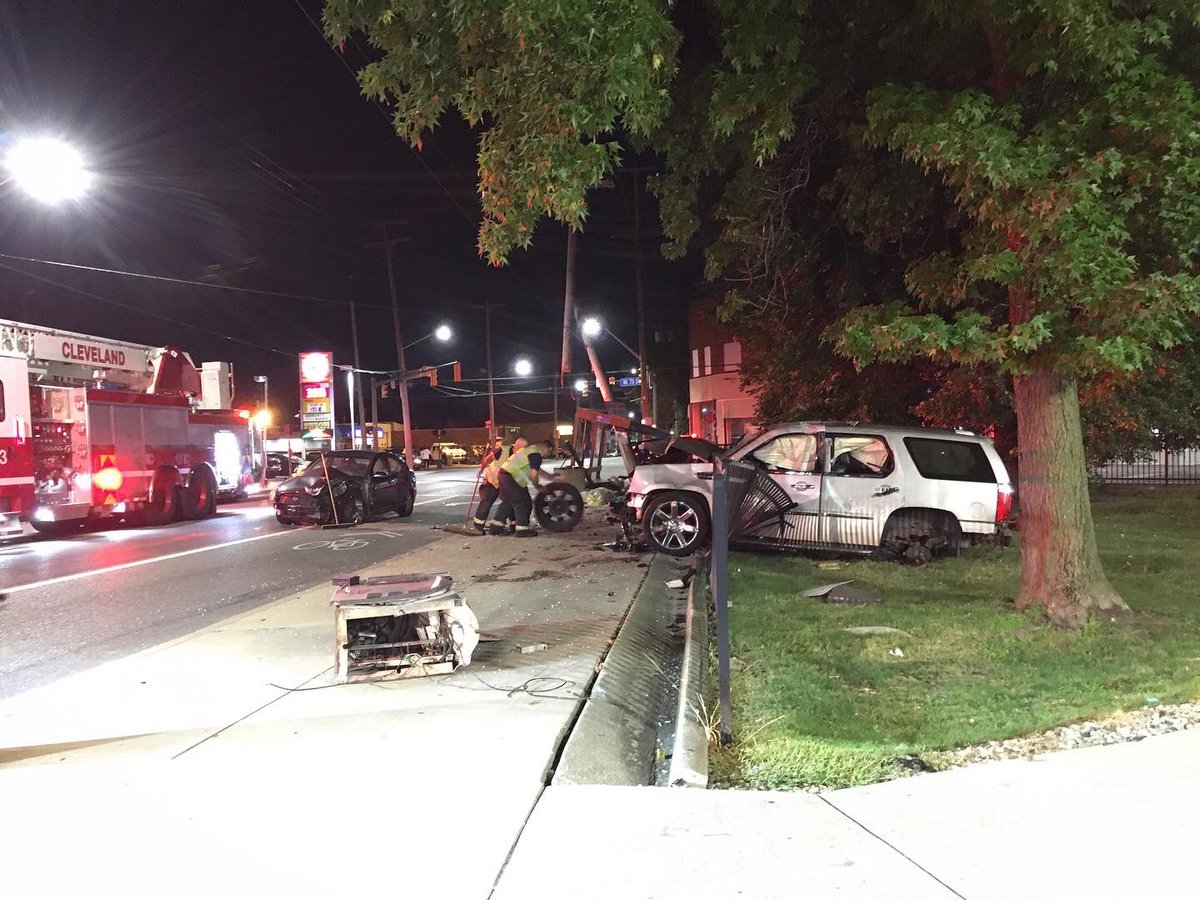 And another spectacular accident on the west side tonight early this morning, at West 73rd and Lorain Avenue. It appears the Cadillac Escalade SUV came in contact with a small four-door