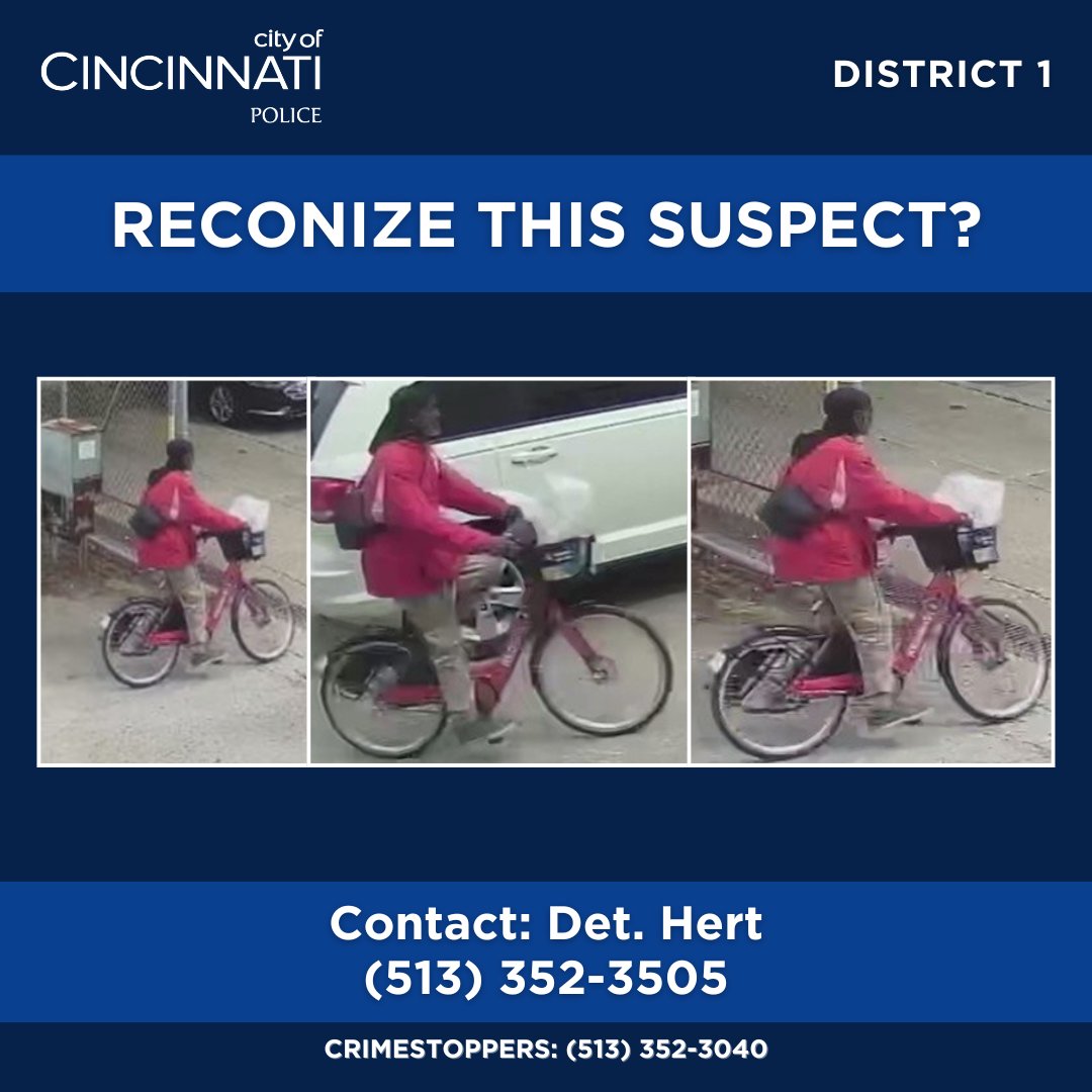 District 1 is investigating a Theft from Auto offense that occurred in the 200 block of W McMicken Ave. On 5/5/25, this suspect broke into a Ford F-150 and took a drone, money, and several other items.