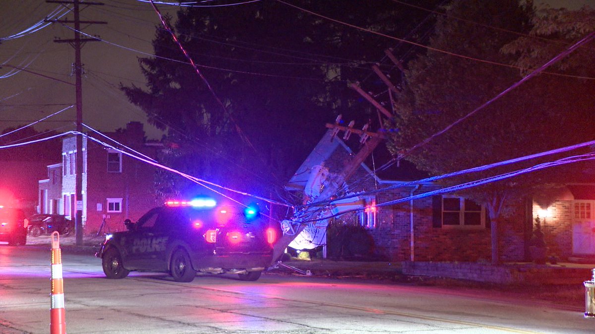 Big mess in Maple Heights on Libby. Police chase ended here with a crash into a pole. The pole is down and power is out to a lot of this area. Libby closed from Broadway to Lee. Lee Road has no power so the traffic signals are dark. Police search with a drone and K9 ongoing