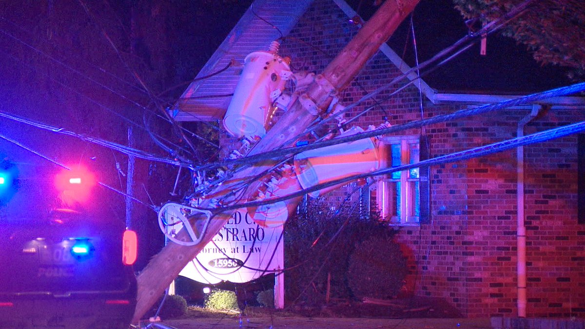 Big mess in Maple Heights on Libby. Police chase ended here with a crash into a pole. The pole is down and power is out to a lot of this area. Libby closed from Broadway to Lee. Lee Road has no power so the traffic signals are dark. Police search with a drone and K9 ongoing