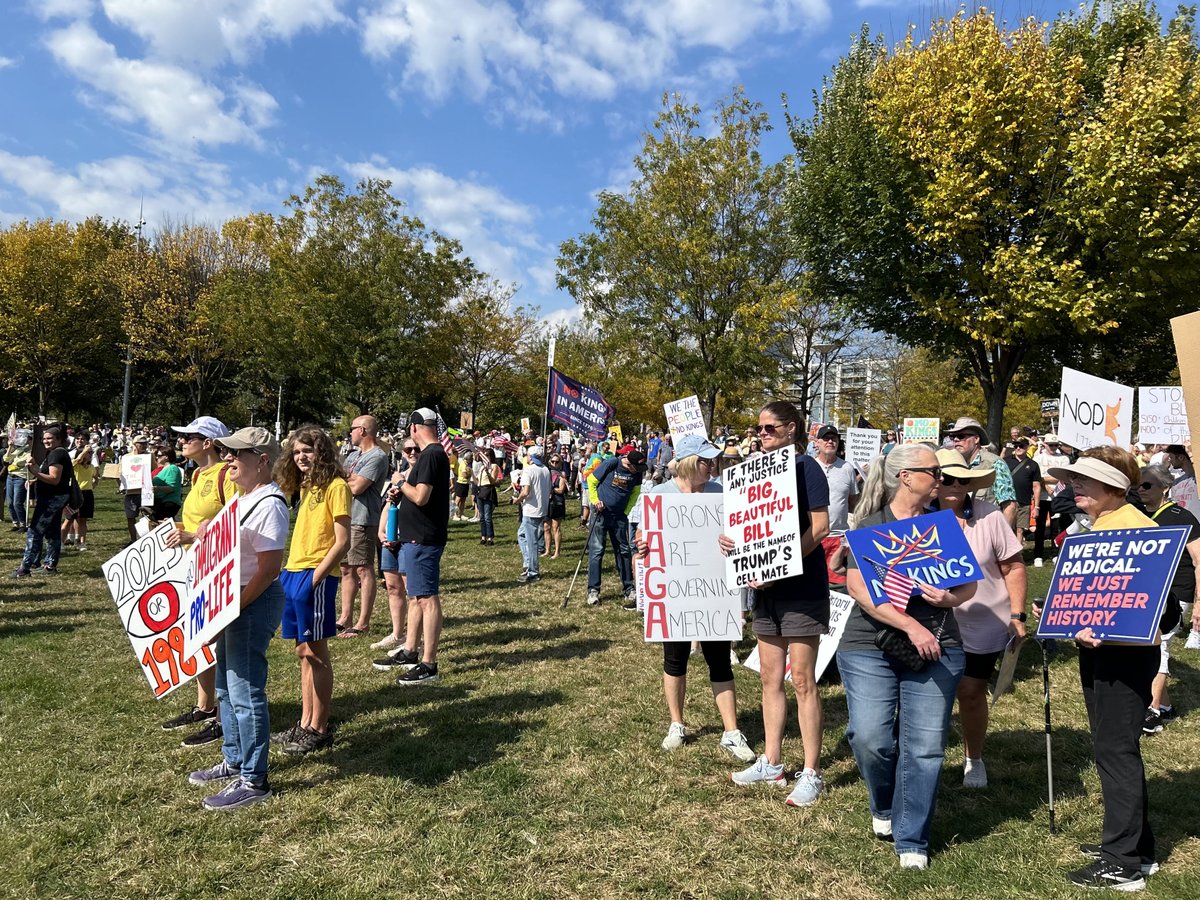 Hundreds of people gathered in Cincinnati’s riverfront from the Roebling Bridge to Paycor Stadium ahead of the No Kings demonstration at Smale Park Saturday