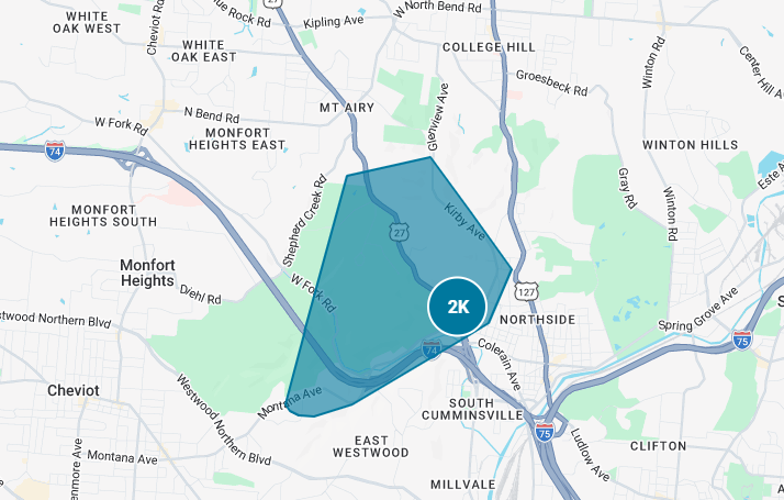 There are about 2000 without power this morning near Mt. Airy forest. Lights were out along US 27 near 74